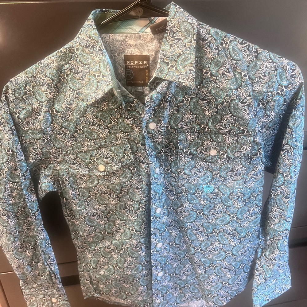 Roper Blue Casual Button Down Shirt with Floral Design
